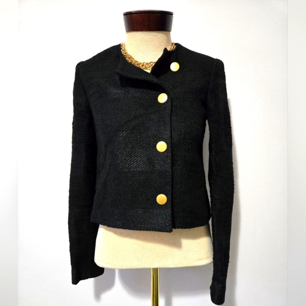 JUDITH & CHARLES Tweed Virgin Wool Cropped Black Jacket With Gold Buttons.Size 2